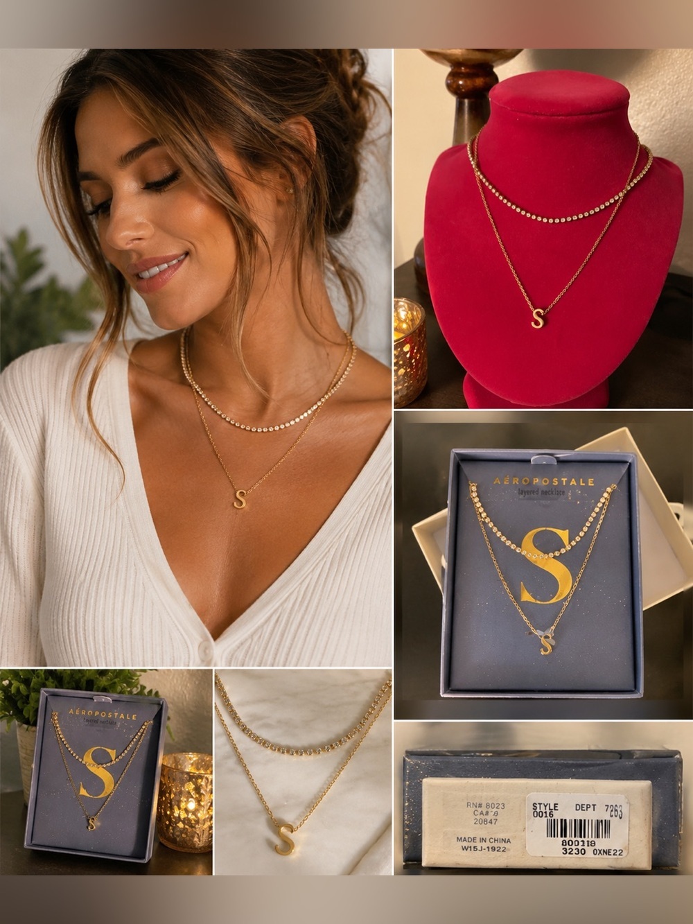 NWT Aeropostale Gold Plated Monogram Layered Necklace Set | CZ Chain +  Pendant
